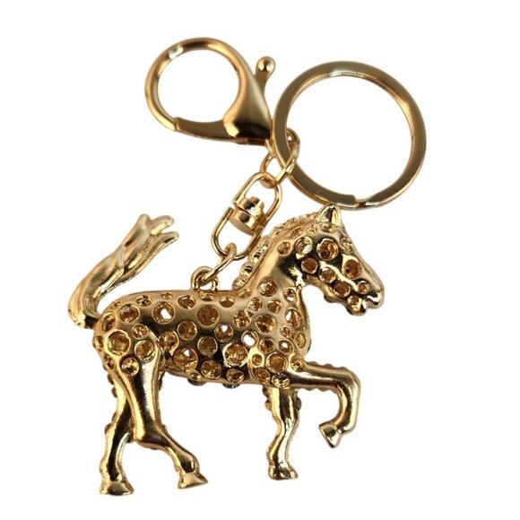 Golden Horse Rhinestone Keychain Ornament With Moveable Tail, Gift For Horse Lov - Picture 2 of 13